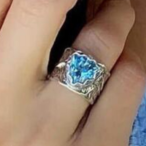 Boho Blue Gemstone Zirconia Wide Vintage Inspired, Silver Plated Fairy, Ring - Picture 12 of 12